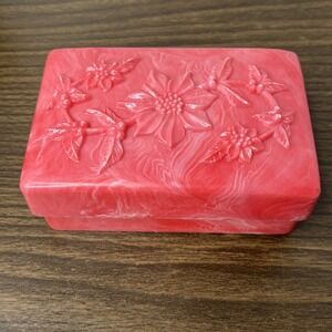 VTG Pink Marbled TILCO Soap / Trinket Box w Floral Embossed Lid Celluloid?